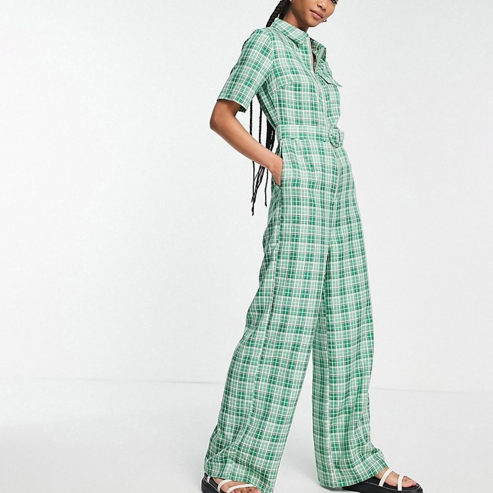 NWT Lola May Tall belted wide leg jumpsuit in green check